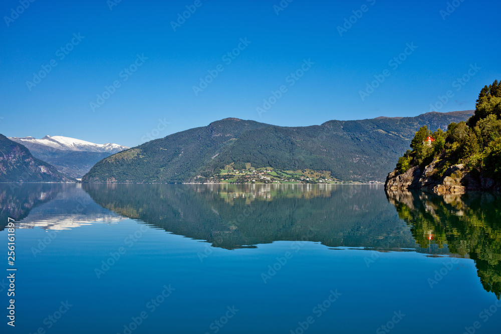 Beautiful Nature Norway natural landscape with fjord and mountain.