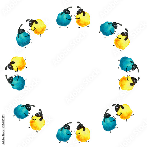 Hand drawn watercolor illustration funny cartoon dancing sheeps frame invitation yellow blue orange on white background