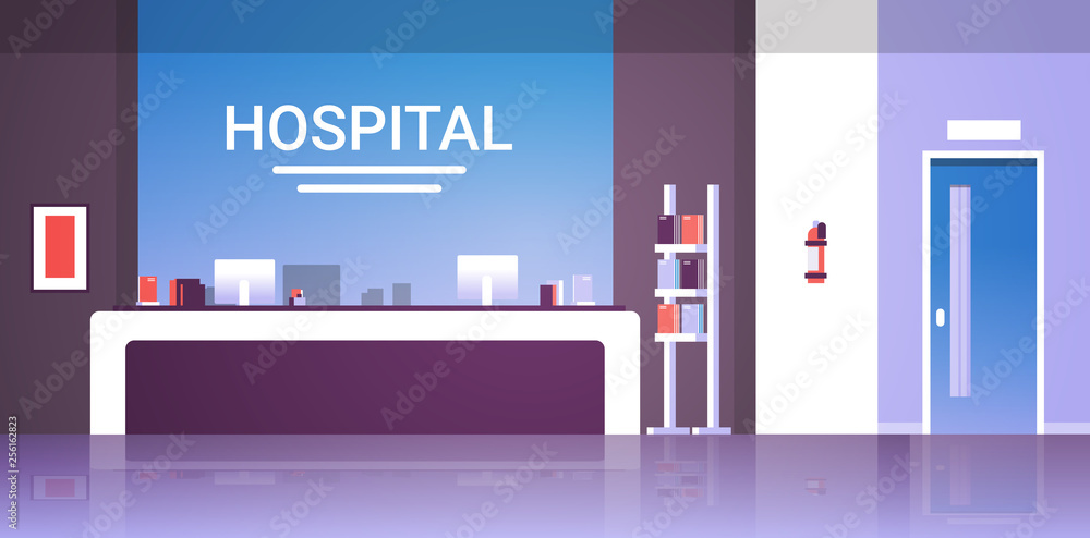 Obraz premium hospital reception desk waiting hall with counter doors furniture healthcare concept empty no people modern medical clinic interior horizontal flat