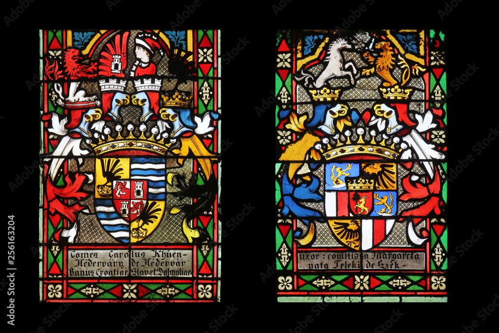Coat of arms of the Count Khuen Hedervary and Countess Telleki, stained glass in Zagreb cathedral 