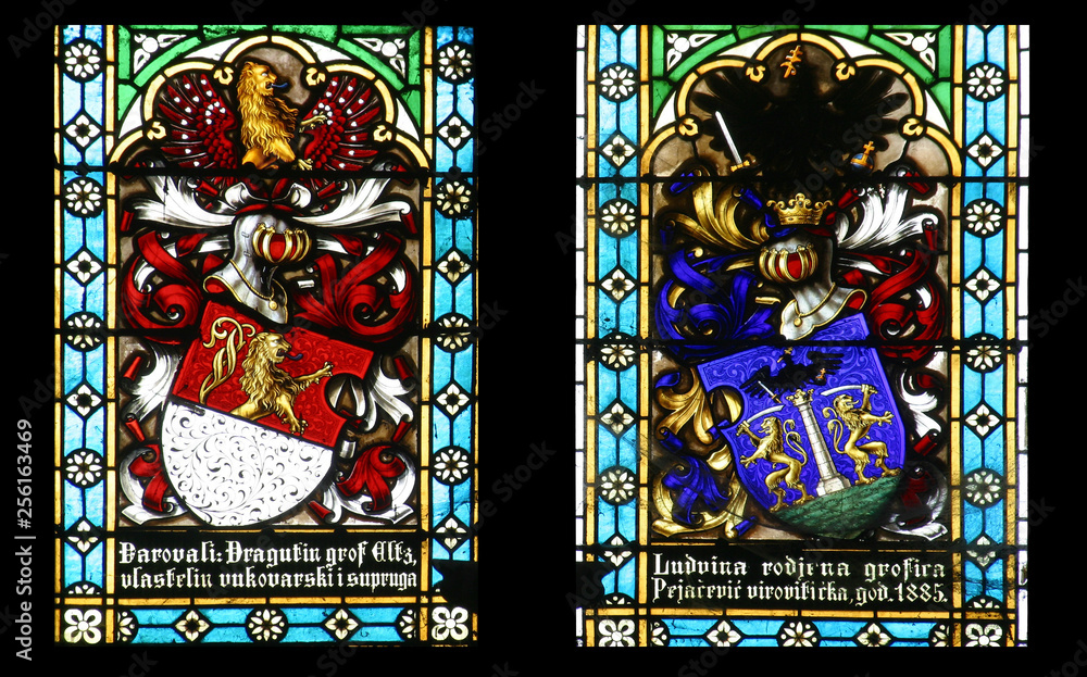 Coat of arms of Count Eltz and Countess Ludvine Pejacevic, stained glass in Zagreb cathedral 