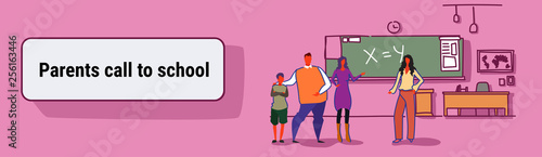 young parent with son at school teacher-parent meeting concept modern classroom interior cartoon characters full length colorful sketch doodle horizontal banner