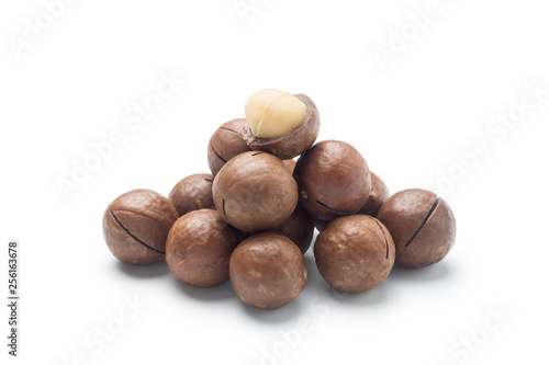 Pile of macadamia nuts isolated on white background
