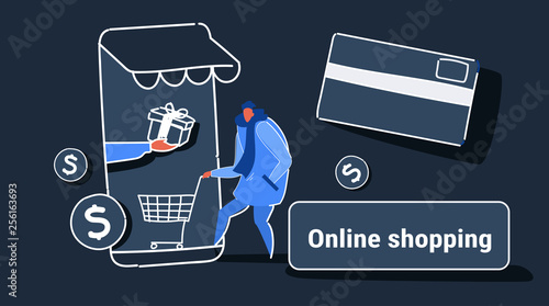 casual man using mobile application online market shopping concept male customer holding trolley card smartphone screen sketch full length horizontal