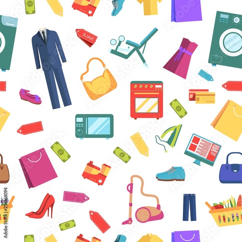 best shopping illustration concept. Template of icons seamless patern design. Many object purchased in the store. In flat sticker style