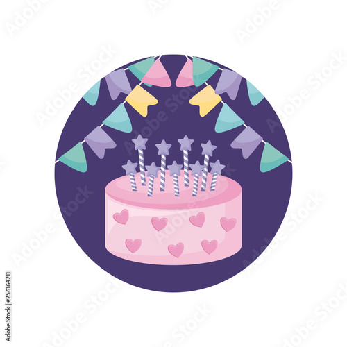 sweet cake with candles in frame circular