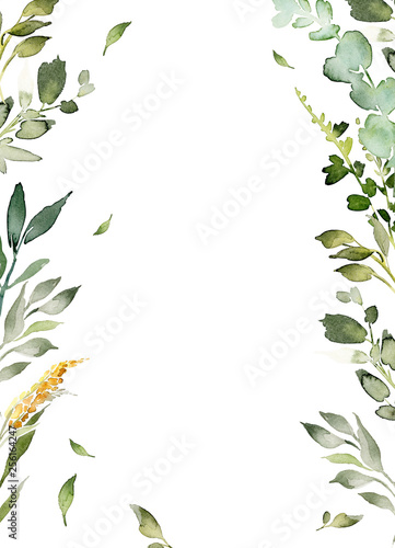 Wedding invitation, greeting card, watercolor painting with plant elements on a white background in modern style.
