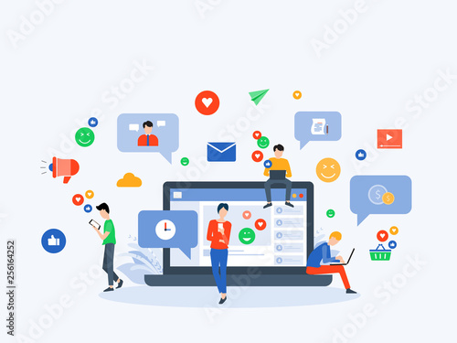 flat Vector illustration social media  and digital marketing  online connection concept with business people character use mobile  concept 