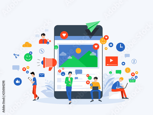 flat Vector illustration social media  and digital marketing  online connection concept with business people character use mobile  concept 