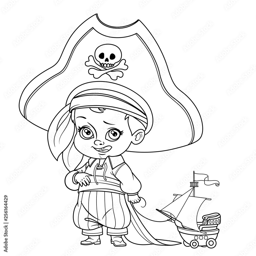 Cute cartoon boy in pirate costume and huge hat holding ship model on a  rope outlined isolated on white background Stock Vector | Adobe Stock