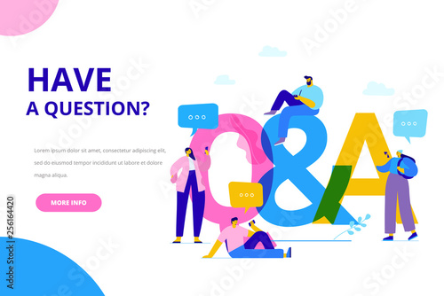 Question and answer concept illustration. People asking to support center.  Flat vector characters.