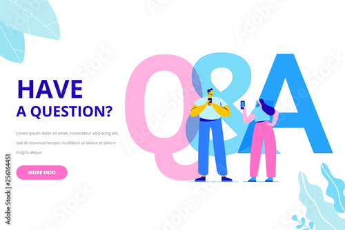 Question and answer concept illustration. People asking to support center.  Flat vector characters.
