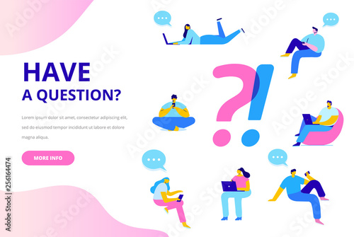 Question and answer concept illustration. People asking to support center.  Flat vector characters.
