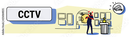 surveillance camera capturing masked thief stealing exhibits cctv detected robber security alarm system modern museum interior sketch horizontal banner