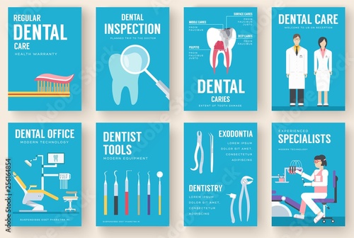 Dental office interior information cards set. Hygiene template of flyear, magazines, posters, book cover, banners. Clinic infographic concept background. Layout dentistry illustrations modern pages