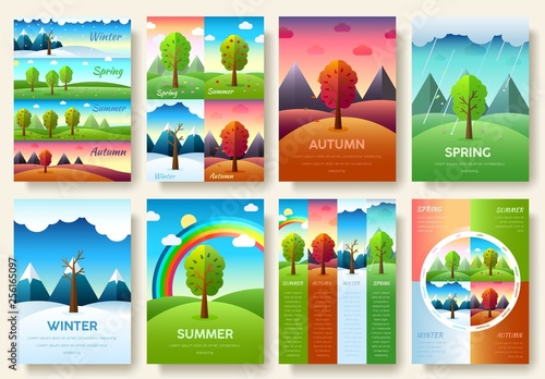 12 Months of the Year. Weather year information set. Seasons banners. Infographic concept background. Layout illustrations template pages with typography text