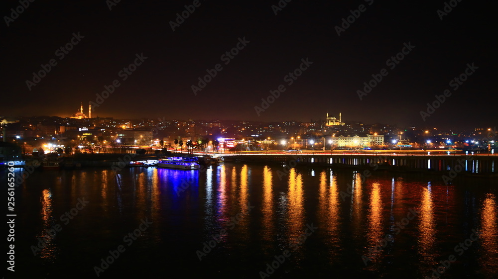 night view in Turkey from Istanbul Karaköy. Galata Bridge Lights