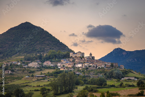 Hilltop Village in Cevennes valley landscape