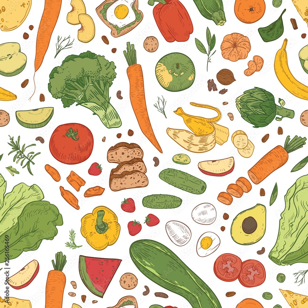 Seamless pattern with healthy food, grocery products, organic fruits, berries and vegetables on white background. Elegant hand drawn realistic vector illustration for wrapping paper, textile print. Seamless pattern with healthy food, grocery products, organic fruits, berries and vegetables on white background. Elegant hand drawn realistic vector illustration for wrapping paper, textile print.