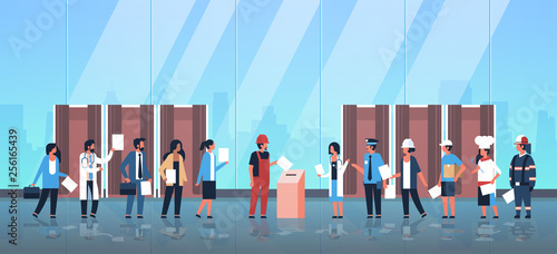 election day concept different occupations voters casting ballots at polling place mix race people putting paper ballot in box voting booths hall interior full length flat horizontal