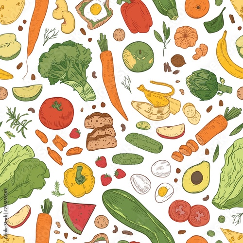 Fototapeta Naklejka Na Ścianę i Meble -  Seamless pattern with healthy food, grocery products, organic fruits, berries and vegetables on white background. Elegant hand drawn realistic vector illustration for wrapping paper, textile print.