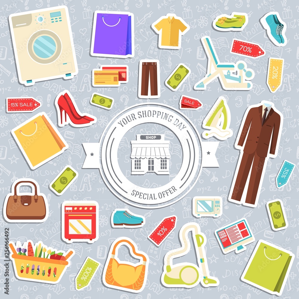 best shopping illustration concept. Template of icons seamless patern design. Many object purchased in the store. In flat sticker style
