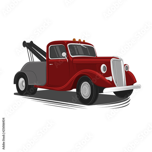 Old vintage tow truck vector illustration. Retro service vehicle.