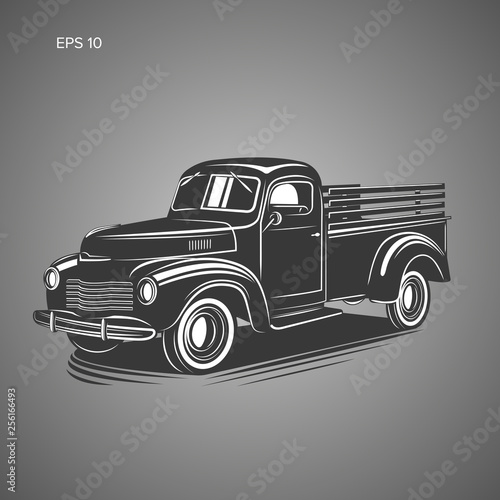 Old retro pickup truck vector illustration. Vintage transport vehicle