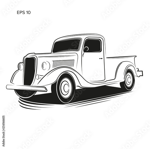 Old retro pickup truck vector illustration. Vintage transport vehicle