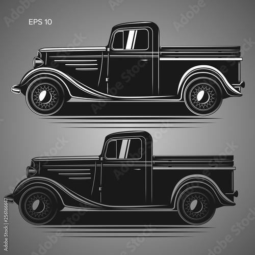 Old retro pickup truck vector illustration. Vintage transport vehicle