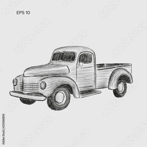 Old retro farmer pickup truck vector illustration. Hand drawn icon.