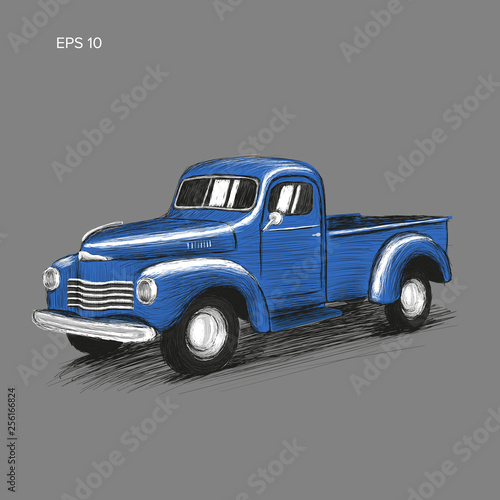 Old retro farmer pickup truck vector illustration. Hand drawn icon.