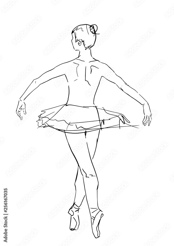 Ballerina in tutu and pointe shoes. Classical choreography. Ballet school.  Elegant silhouette of a dancing ballerina. View from the back. Black contour  on white background. Vector Stock Vector | Adobe Stock