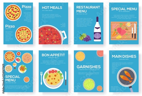 Cooking information cards set. Menu template of flyear, magazines, posters, book cover, banners. Breakfast  infographic concept  background. Layout illustrations modern pages with typography text