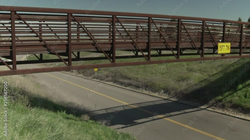 4K Passenger Pedestrian Red Bridge Over Road Street Sunny Day 4K Passenger Pedestrian Red Bridge Over Road Street Sunny Day