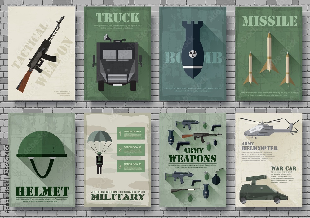 Cards of military equipment cards. Army template of flyer, Magazines