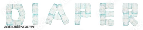 Photographie Word diaper laid out baby diapers on a white background, isolate, napkin, inscri