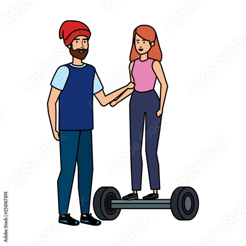 young couple in hoverboard electric