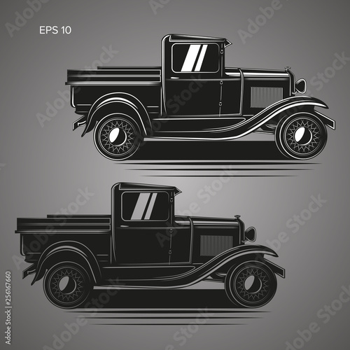 Old retro pickup truck vector illustration. Vintage transport vehicle