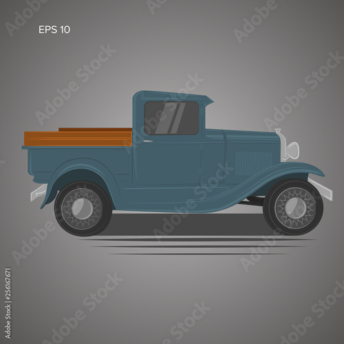 Old retro pickup truck vector illustration. Vintage transport vehicle