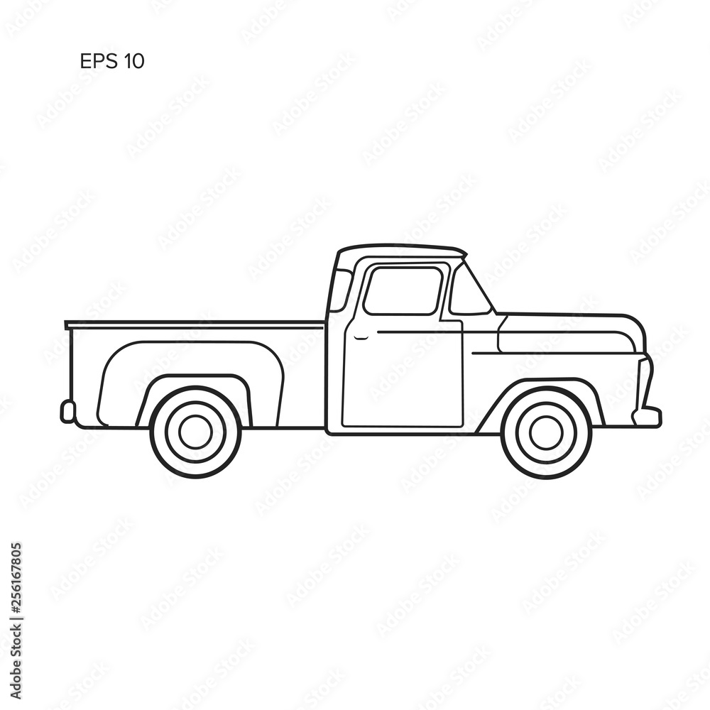 Old retro pickup truck vector illustration. Vintage transport vehicle line art