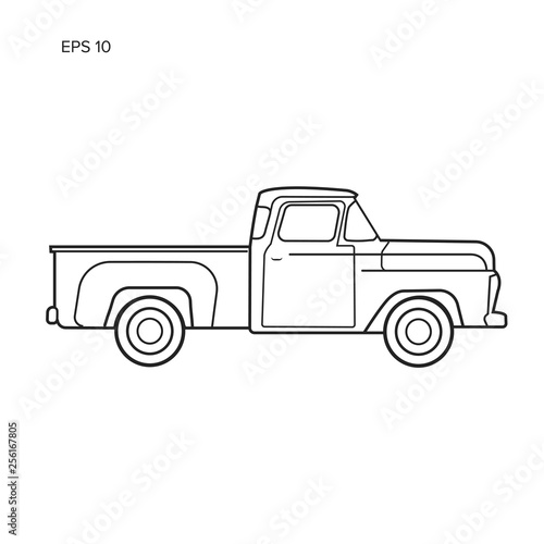 Old retro pickup truck vector illustration. Vintage transport vehicle line art