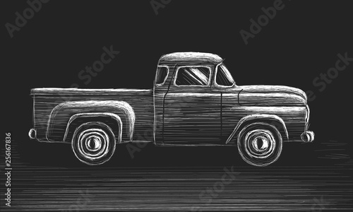 Old retro pickup truck vector hand drawn skecth. Vintage transport vehicle
