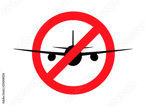 airplane  silhouette  in the prohibition sign, front view, isolated on the white background, horizontal vector illustration