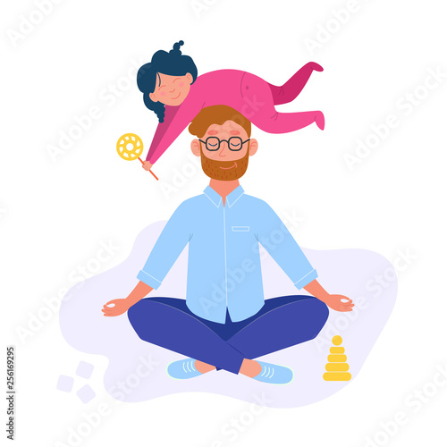 Man doing yoga and meditating visiting in a lotus pose with a cute naughty daughter on his head. Daddy and daughter. Illustration in vector