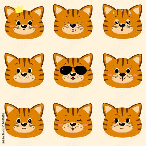 Set of cute redhead cat face with different emotions in cartoon style.
