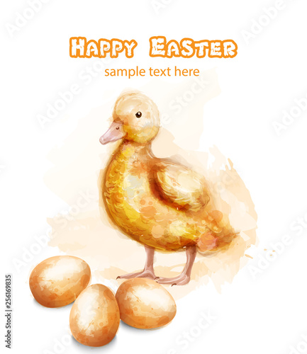 Easter ducky Vector watercolor card. Happy Easter greetings with bud and eggs