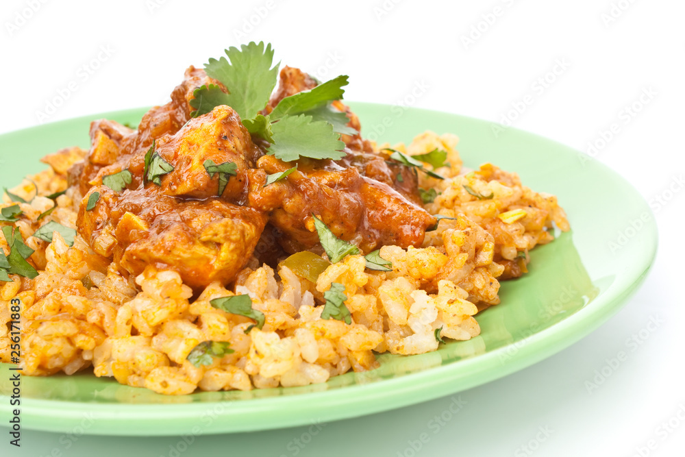 Chicken Curry with basmati rice and coriander leaves on a plate Chicken Curry with basmati rice and coriander leaves on a plate