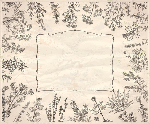 Herbal frame, hand drawn graphic assorted herbs and old style frame on a paper