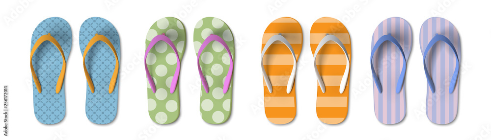 Set of colored Flip flops with different patterns - summer, beach slippers - obrazy, fototapety, plakaty 